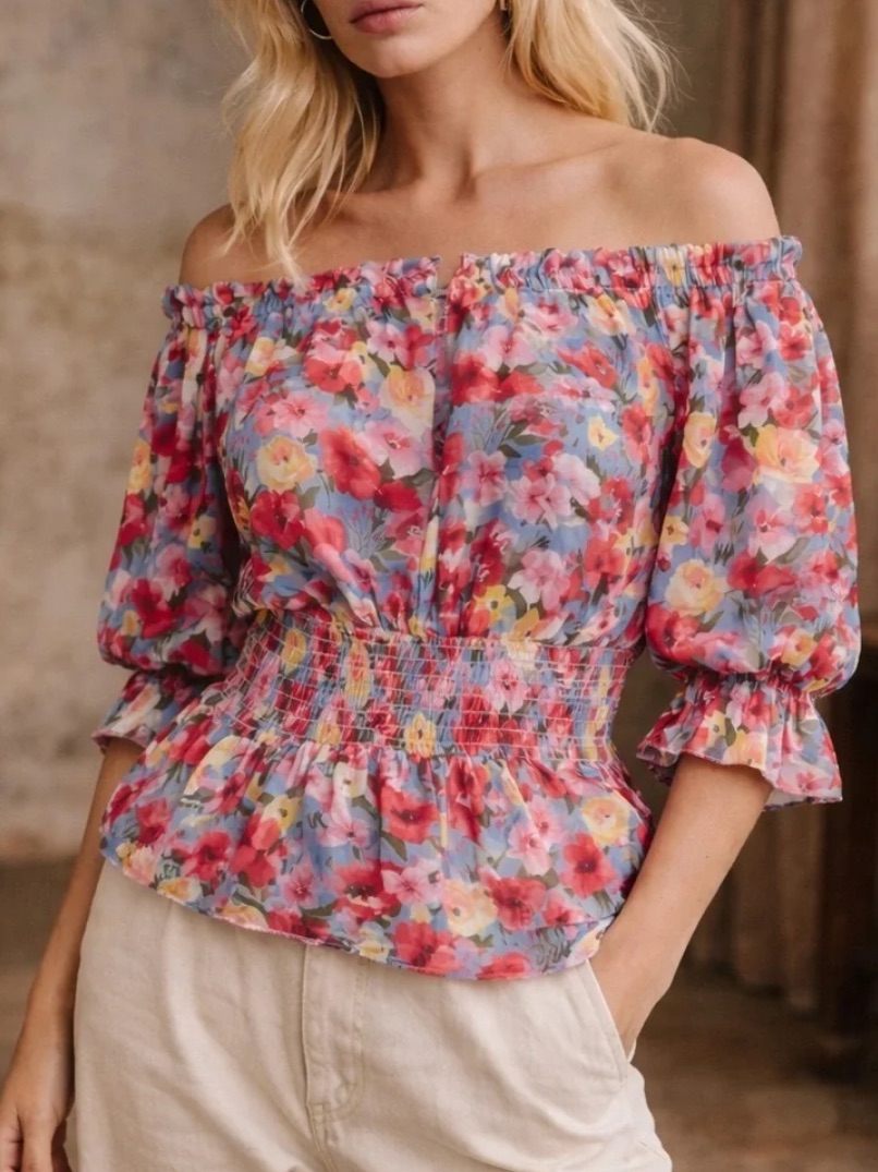 L'agence Aubriella Off The Shoulder Floral Blouse Red Multi Casual Women’s Small